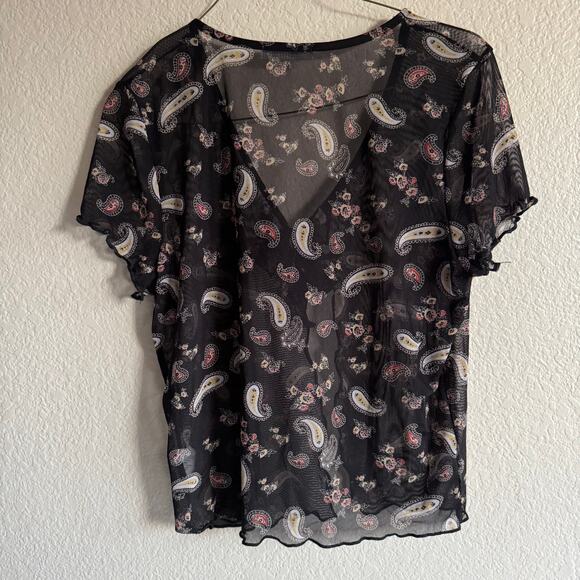 Rebellious Dreamer Paisley Floral Mesh Tie-Front Y2K Romantic Goth Chic Black XL - Picture 3 of 7